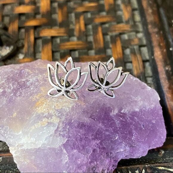 Lotus Flower Sterling Silver Stud Earrings - Picture 1 of 4